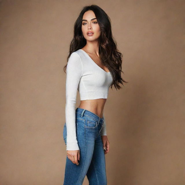 A full body image of a beautiful woman with the face of Megan Fox, wearing fitting clothes and standing in a side pose.