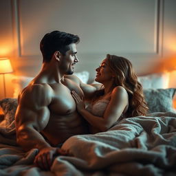 A romantic scene in an intimate bedroom setting, featuring a muscular bodybuilder husband and his gorgeous wife sharing a tender moment on a plush bed