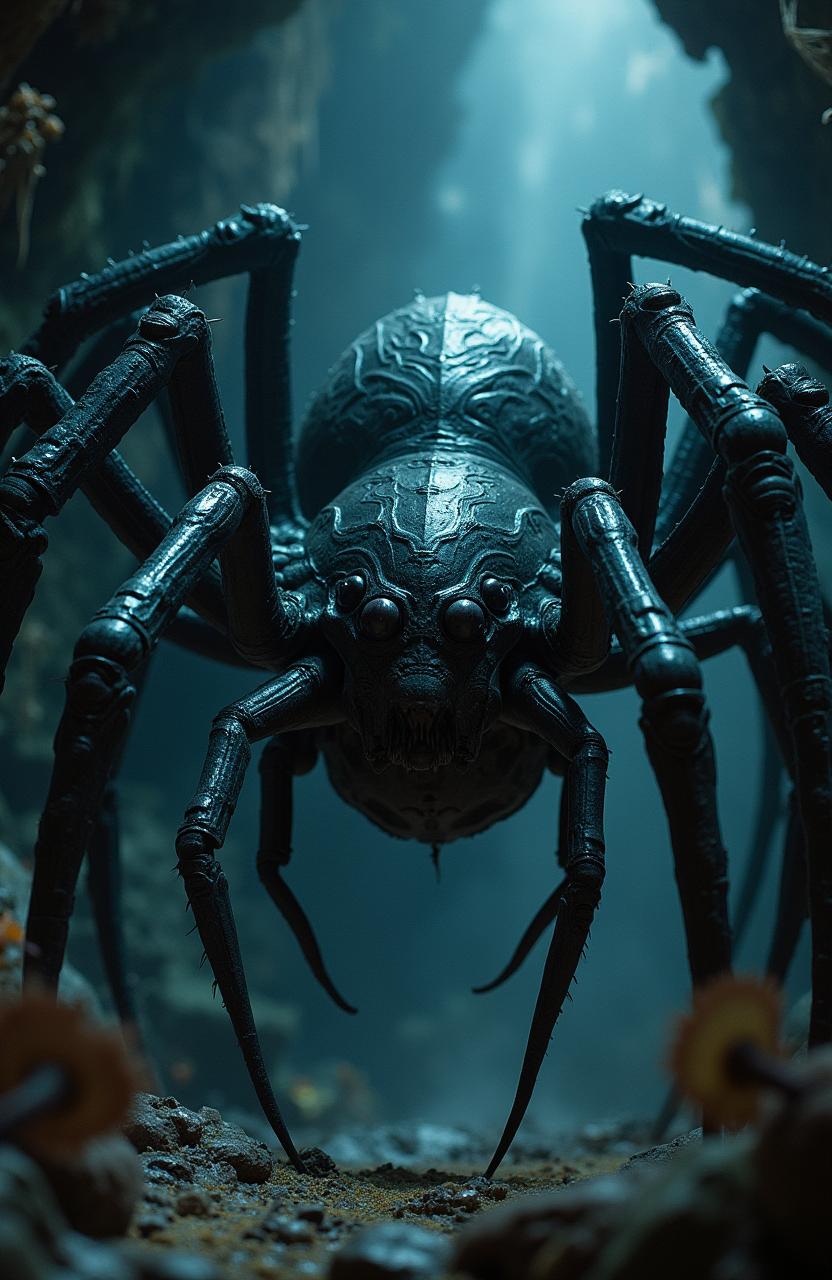 A live action, hyper-realistic depiction of Shelob, the giant spider from Middle Earth