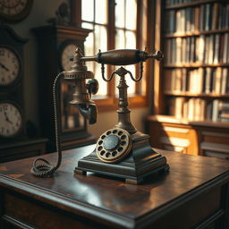 A vintage antique telephone displayed elegantly on a wooden table