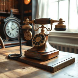 A vintage antique telephone displayed elegantly on a wooden table