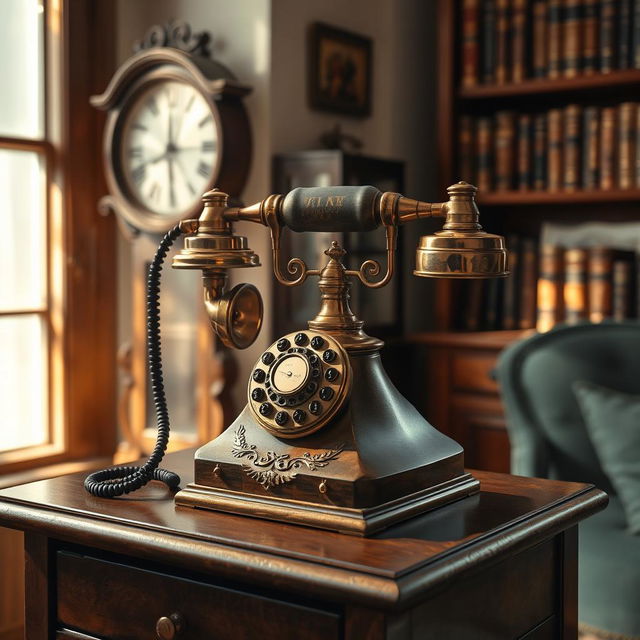 A vintage antique telephone displayed elegantly on a wooden table