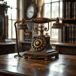 A vintage antique telephone displayed elegantly on a wooden table