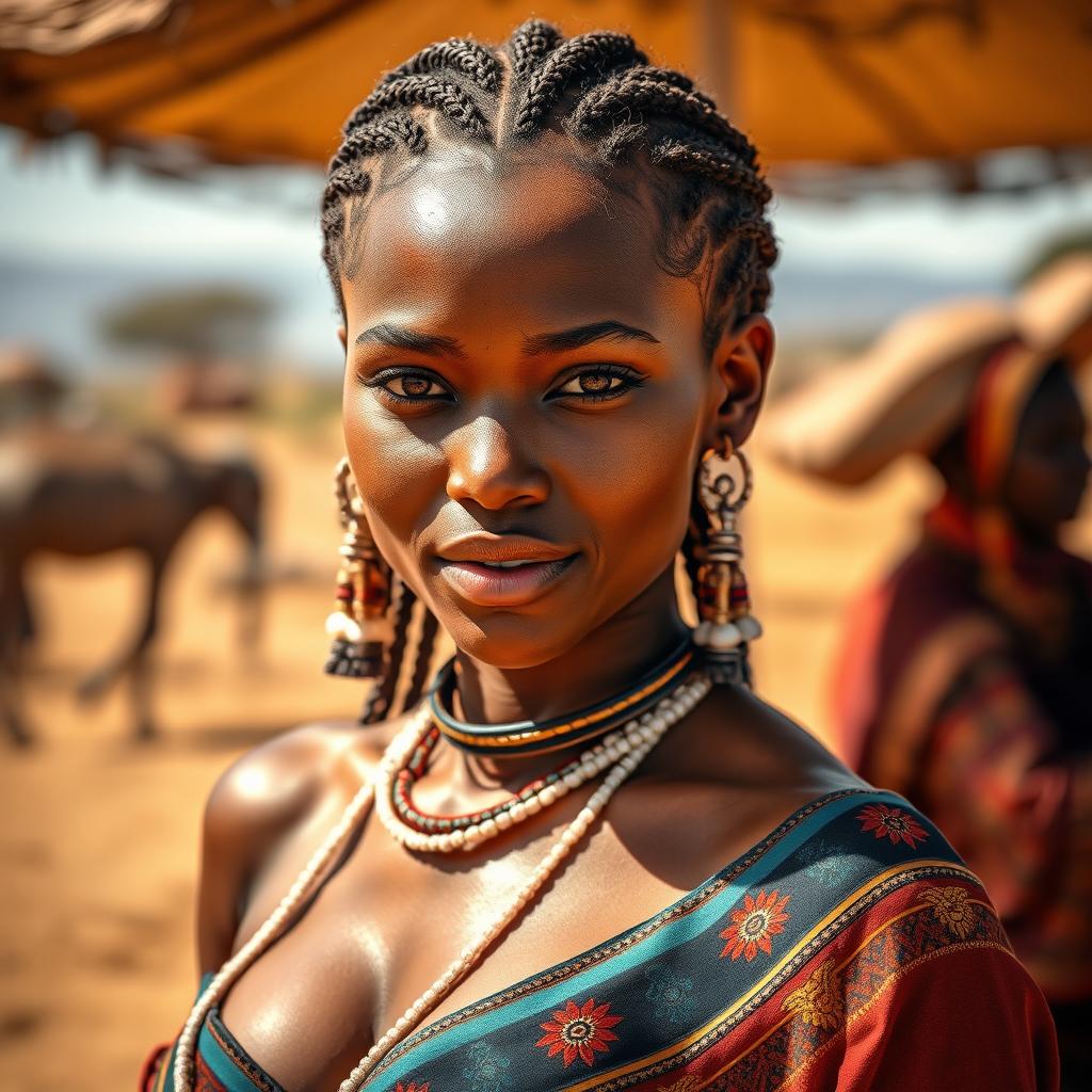 A 25-year-old beautiful woman from a Namibian tribe, showcasing her stunning features with a sensual face and prominent curves