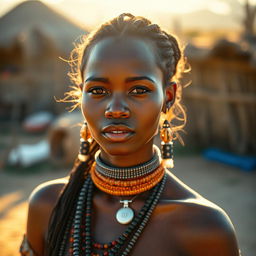 A 25-year-old beautiful woman from a Namibian tribe, showcasing her stunning features with a sensual face and prominent curves