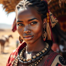 A 25-year-old beautiful woman from a Namibian tribe, showcasing her stunning features with a sensual face and prominent curves