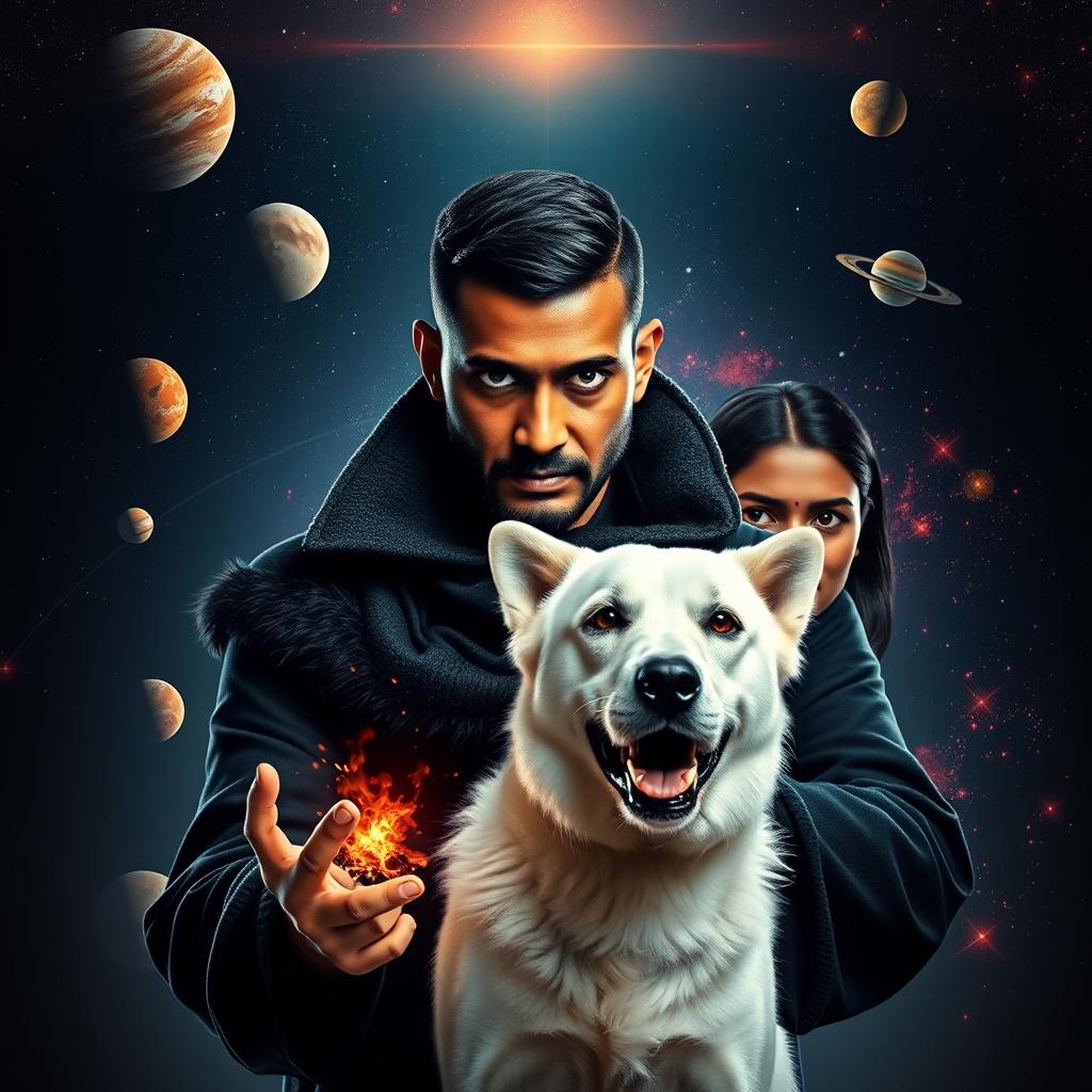 A cinematic magical film poster featuring a 27-year-old Indian man with very short trimmed hair and a dark face, possessing completely black eyes