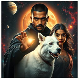 A cinematic magical film poster featuring a 27-year-old Indian man with very short trimmed hair and a dark face, possessing completely black eyes