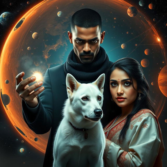 A cinematic magical film poster featuring a 27-year-old Indian man with very short trimmed hair and a dark face, possessing completely black eyes