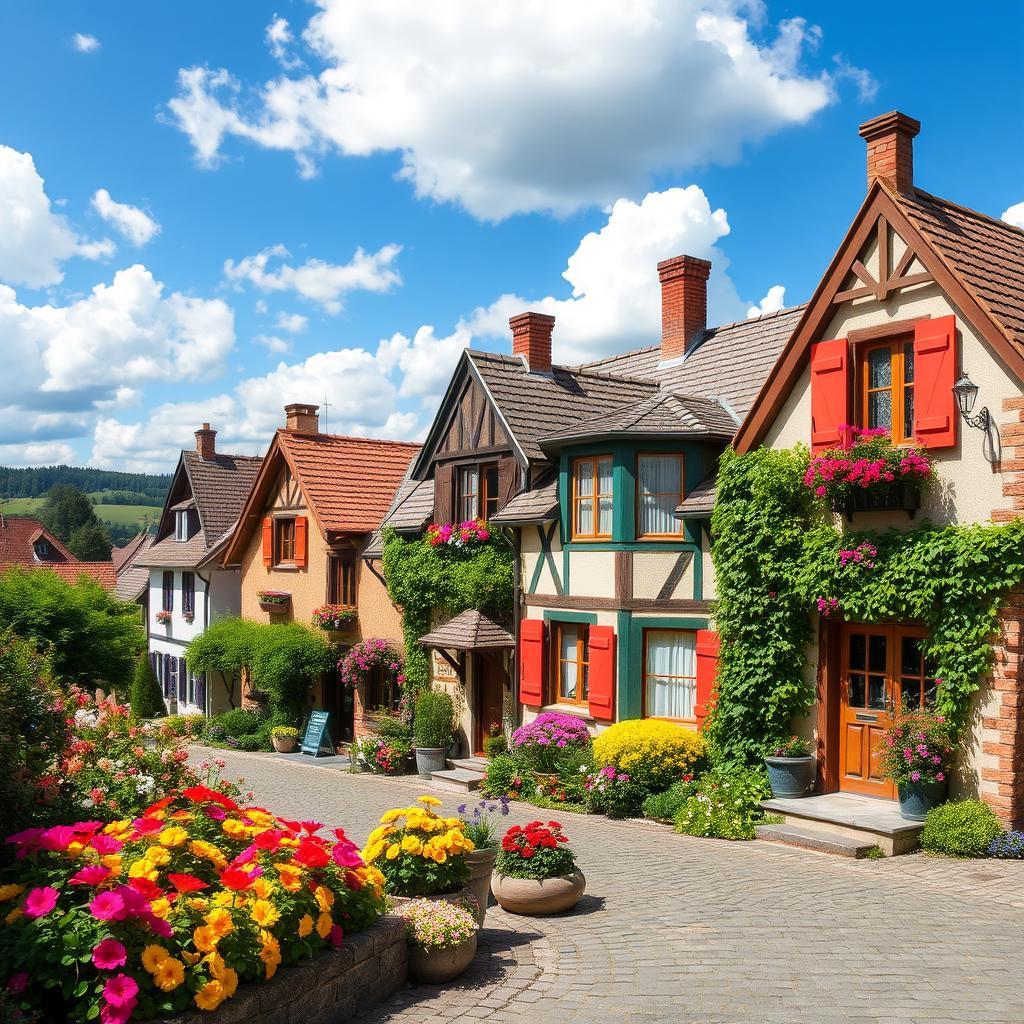 Charming houses in a picturesque village setting, featuring vibrant flowers in full bloom in the gardens, quaint cobblestone streets, wooden shutters painted in cheerful colors, and ivy climbing up the walls