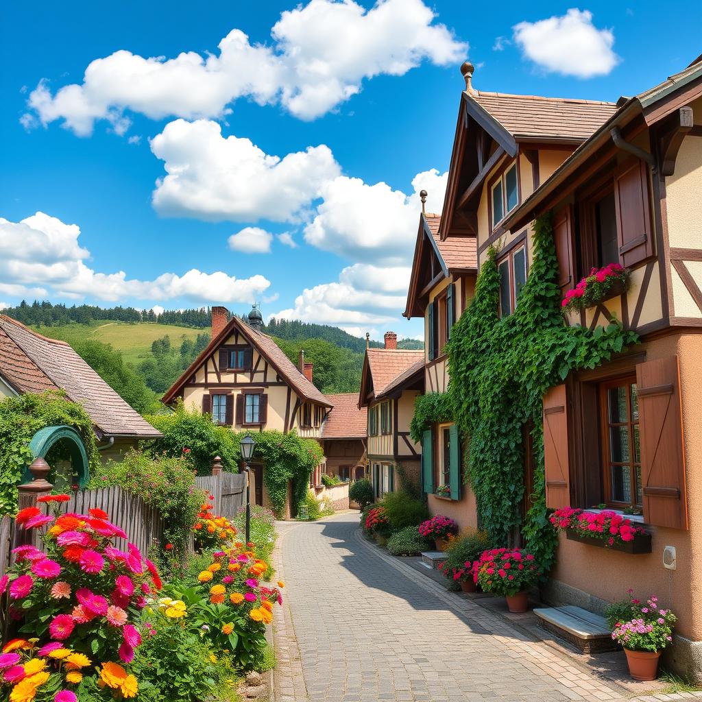 Charming houses in a picturesque village setting, featuring vibrant flowers in full bloom in the gardens, quaint cobblestone streets, wooden shutters painted in cheerful colors, and ivy climbing up the walls