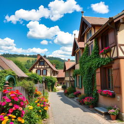 Charming houses in a picturesque village setting, featuring vibrant flowers in full bloom in the gardens, quaint cobblestone streets, wooden shutters painted in cheerful colors, and ivy climbing up the walls