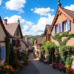 Charming houses in a picturesque village setting, featuring vibrant flowers in full bloom in the gardens, quaint cobblestone streets, wooden shutters painted in cheerful colors, and ivy climbing up the walls