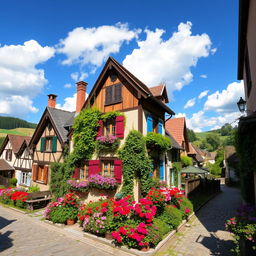 Charming houses in a picturesque village setting, featuring vibrant flowers in full bloom in the gardens, quaint cobblestone streets, wooden shutters painted in cheerful colors, and ivy climbing up the walls