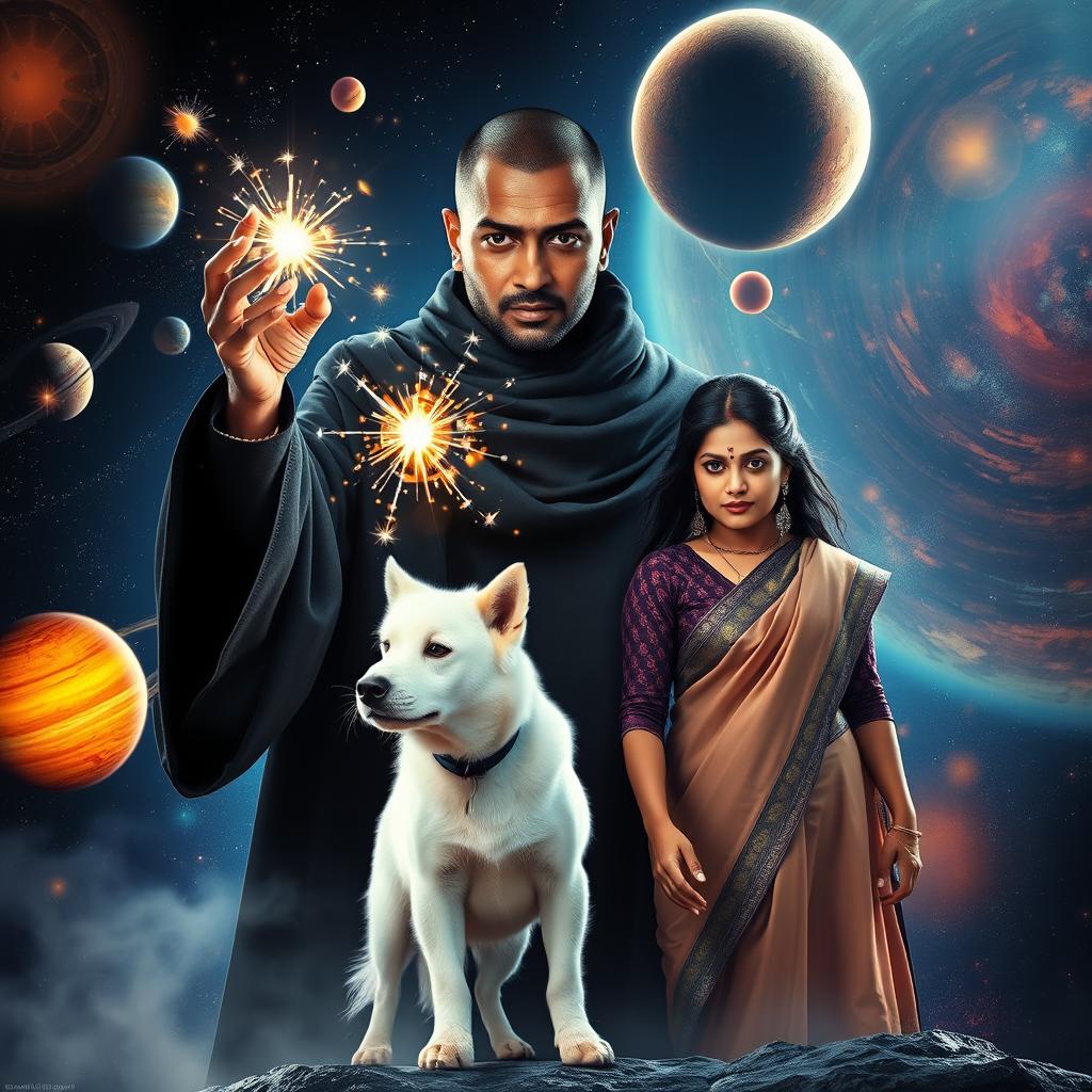 A cinematic magical film poster featuring a 27-year-old Indian man with very short trimmed hair, a dark round-shaped face, and completely black eyes