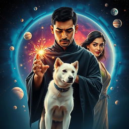 A cinematic magical film poster featuring a 27-year-old Indian man with very short trimmed hair, a dark round-shaped face, and completely black eyes