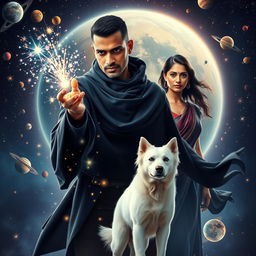 A cinematic magical film poster featuring a 27-year-old Indian man with very short trimmed hair, a dark round-shaped face, and completely black eyes