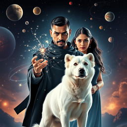 A cinematic magical film poster featuring a 27-year-old Indian man with very short trimmed hair, a dark round-shaped face, and completely black eyes