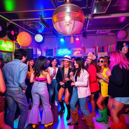 A vibrant and lively 1980s themed party scene, with colorful neon lights, retro decorations, and people dancing