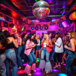 A vibrant and lively 1980s themed party scene, with colorful neon lights, retro decorations, and people dancing