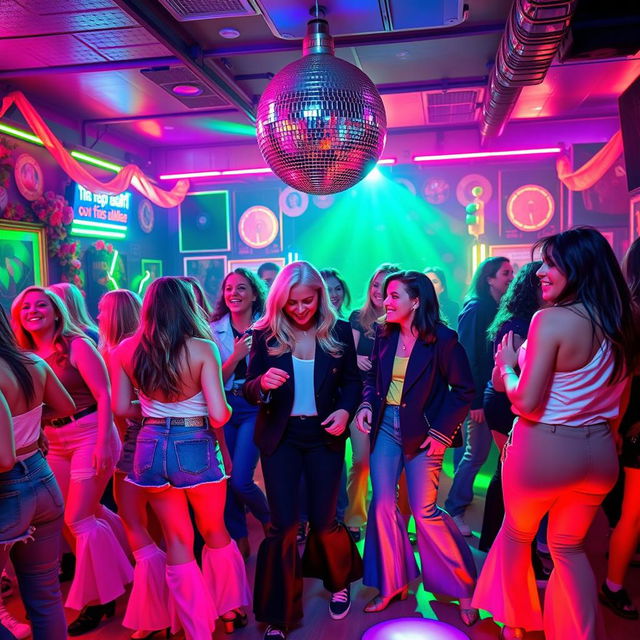 A vibrant and lively 1980s themed party scene, with colorful neon lights, retro decorations, and people dancing