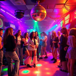 A vibrant and lively 1980s themed party scene, with colorful neon lights, retro decorations, and people dancing