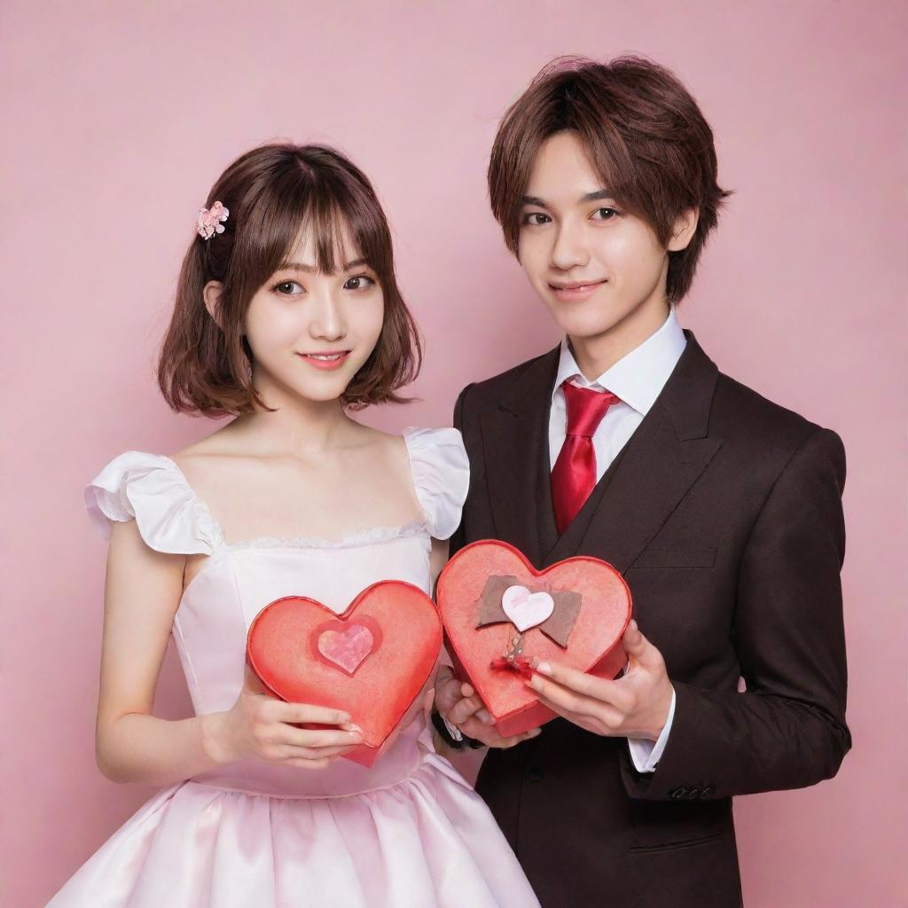 An anime style couple celebrating Valentine's Day, affectionately holding a heart-shaped chocolate box