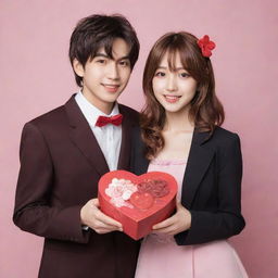 An anime style couple celebrating Valentine's Day, affectionately holding a heart-shaped chocolate box