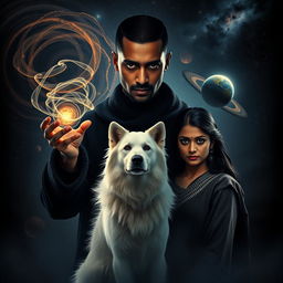 A cinematic dark magical adventure film poster showcasing a 27-year-old Indian man with trimmed hair, a dark round-shaped face, and completely black eyes