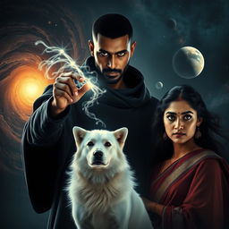 A cinematic dark magical adventure film poster showcasing a 27-year-old Indian man with trimmed hair, a dark round-shaped face, and completely black eyes