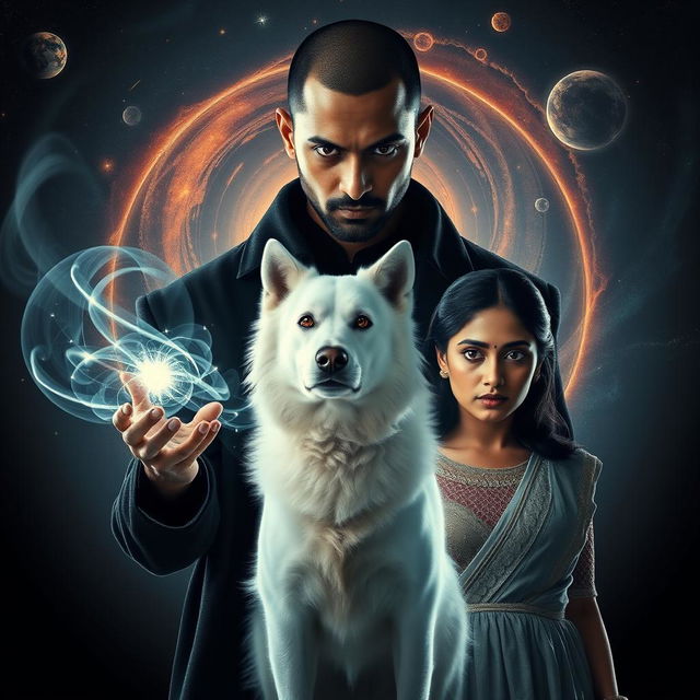 A cinematic dark magical adventure film poster showcasing a 27-year-old Indian man with trimmed hair, a dark round-shaped face, and completely black eyes