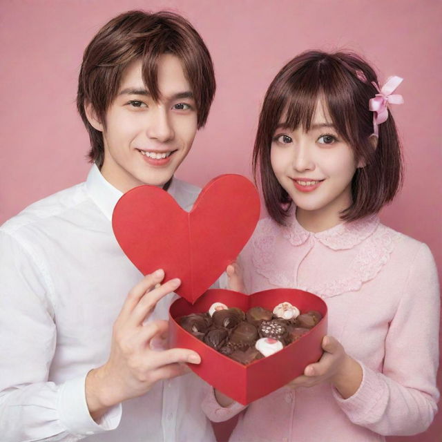 An anime style couple celebrating Valentine's Day, affectionately holding a heart-shaped chocolate box