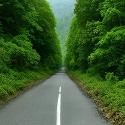 A frontal view of a well-tarred road stretching straight ahead, surrounded by the dense, verdant vegetation of a forest on both sides.