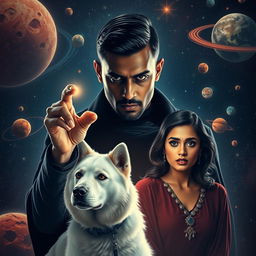 A cinematic dark magical adventure film poster featuring a 27-year-old Indian man with trimmed hair and a dark, round-shaped face, showcasing completely black eyes