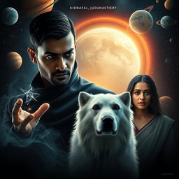 A cinematic dark magical adventure film poster featuring a 27-year-old Indian man with trimmed hair and a dark, round-shaped face, showcasing completely black eyes