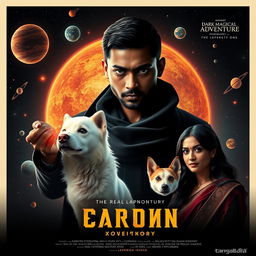 A cinematic dark magical adventure film poster featuring a 27-year-old Indian man with trimmed hair and a dark, round-shaped face, showcasing completely black eyes