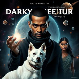 A cinematic dark magical adventure film poster featuring a 27-year-old Indian man with trimmed hair and a dark, round-shaped face, showcasing completely black eyes