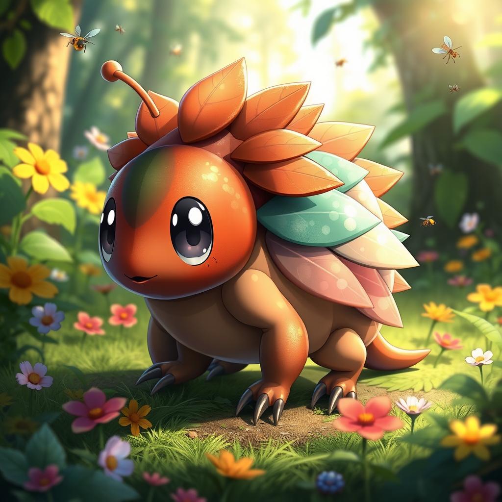 A unique Bug-type echidna Pokémon concept, showcasing a small, adorable creature with a rounded body covered in a mix of vibrant, earthy tones and shiny exoskeleton patterns