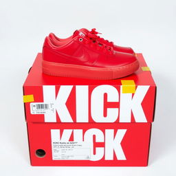 A full view of a bright red shoebox featuring bold white letters spelling 'KICK' on the side