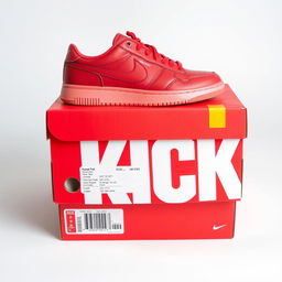 A full view of a bright red shoebox featuring bold white letters spelling 'KICK' on the side