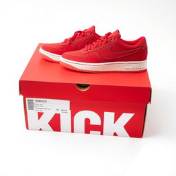 A full view of a bright red shoebox featuring bold white letters spelling 'KICK' on the side