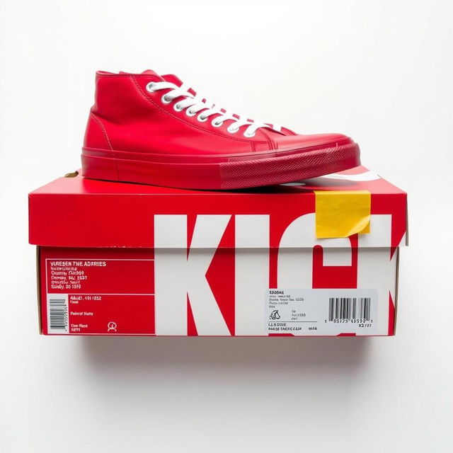 A full view of a vibrant red shoebox featuring bold white letters spelling 'KICK' on the side