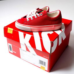 A full view of a vibrant red shoebox featuring bold white letters spelling 'KICK' on the side