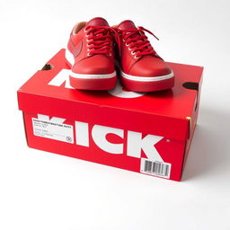 A full view of a vibrant red shoebox featuring bold white letters spelling 'KICK' on the side