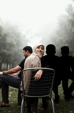 A woman wearing a hijab, sitting on a metal chair in the midst of a lush park filled with trees