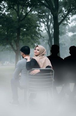 A woman wearing a hijab, sitting on a metal chair in the midst of a lush park filled with trees