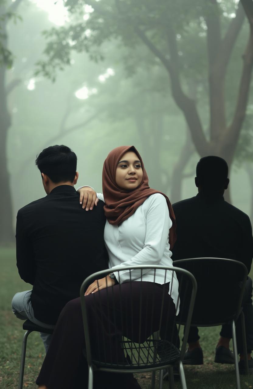 A woman wearing a hijab, sitting on a metal chair in the midst of a lush park filled with trees