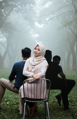 A woman wearing a hijab, sitting on a metal chair in the midst of a lush park filled with trees