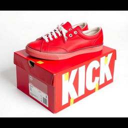 A full view of a vibrant red shoebox with bold white letters spelling 'KICK' prominently displayed on the side