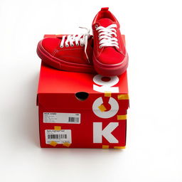 A full view of a vibrant red shoebox with bold white letters spelling 'KICK' prominently displayed on the side